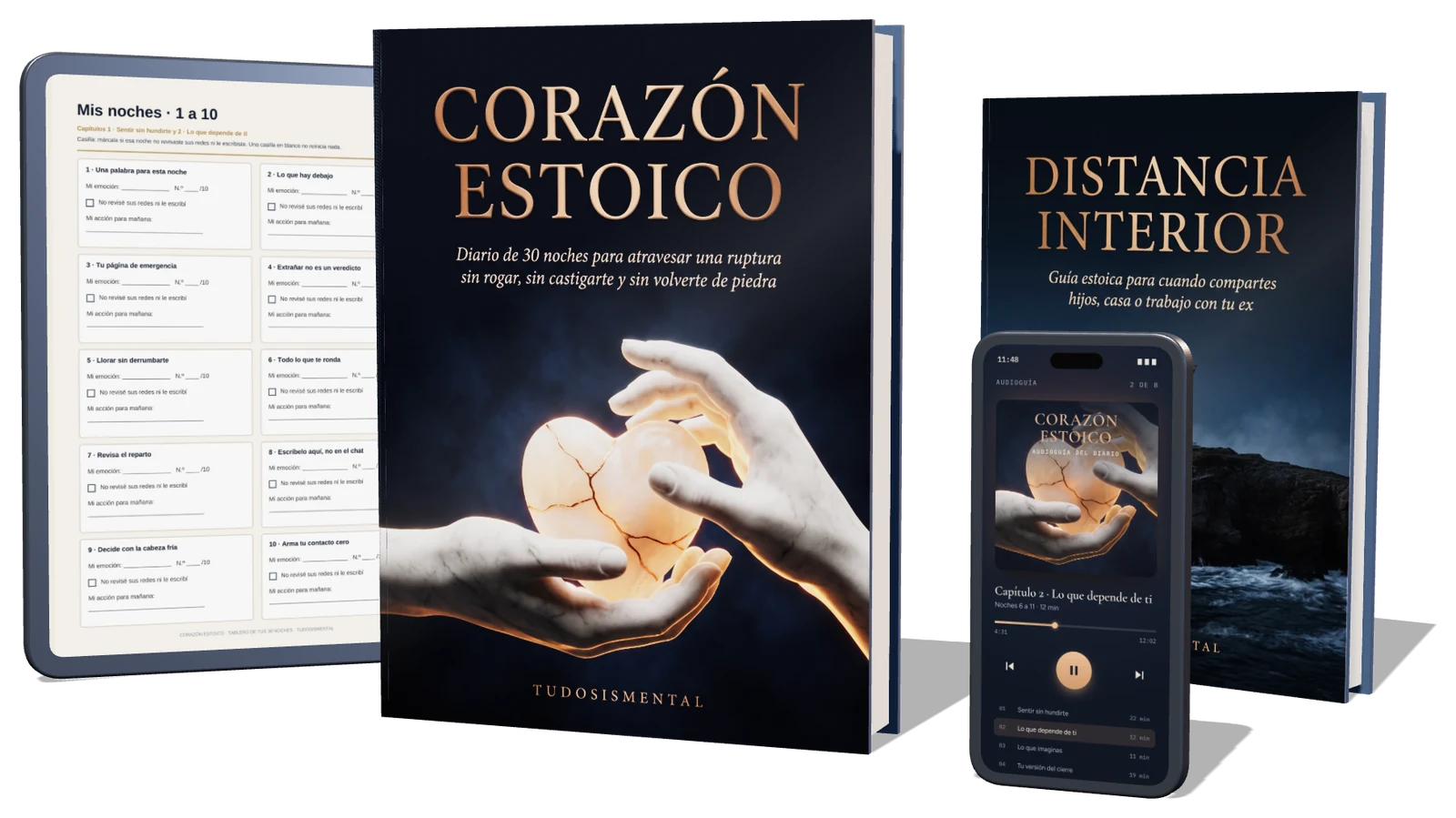 El diario Corazón Estoico junto a la guía Distancia Interior, la audioguía en un celular y el tablero de 30 noches en una tableta